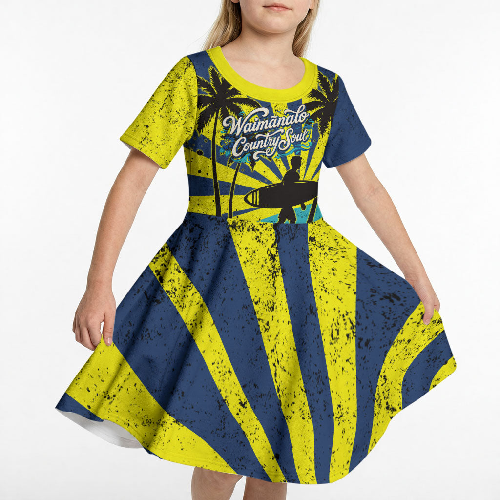 Waimanalo Oahu Hawaii Surfing Kid Short Sleeve Dress Tropical Beach Retro Sunburst Surfboard TS04 - Polynesian Pride