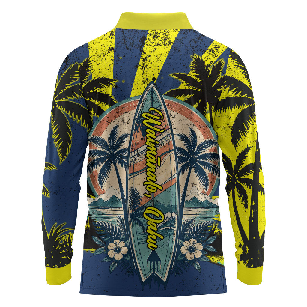 Waimanalo Oahu Hawaii Surfing Long Sleeve Polo Shirt Tropical Beach Retro Sunburst Surfboard TS04 - Polynesian Pride