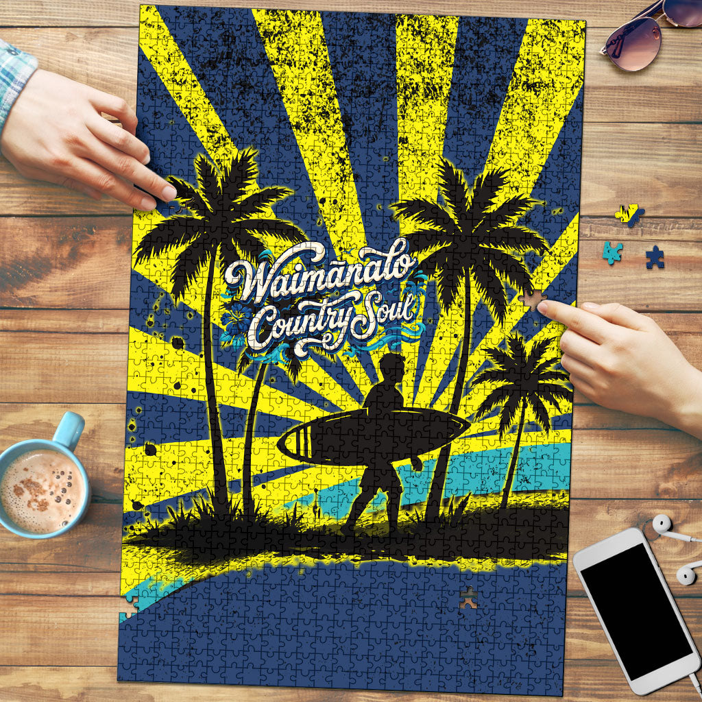 Waimanalo Oahu Hawaii Surfing Puzzle Tropical Beach Retro Sunburst Surfboard TS04 Yellow Blue - Polynesian Pride