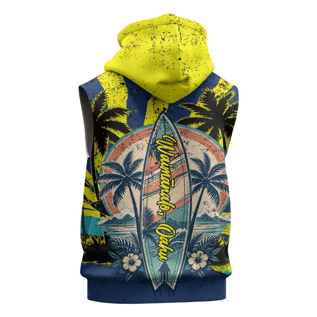 Waimanalo Oahu Hawaii Surfing Sleeveless Hoodie Tropical Beach Retro Sunburst Surfboard TS04 - Polynesian Pride