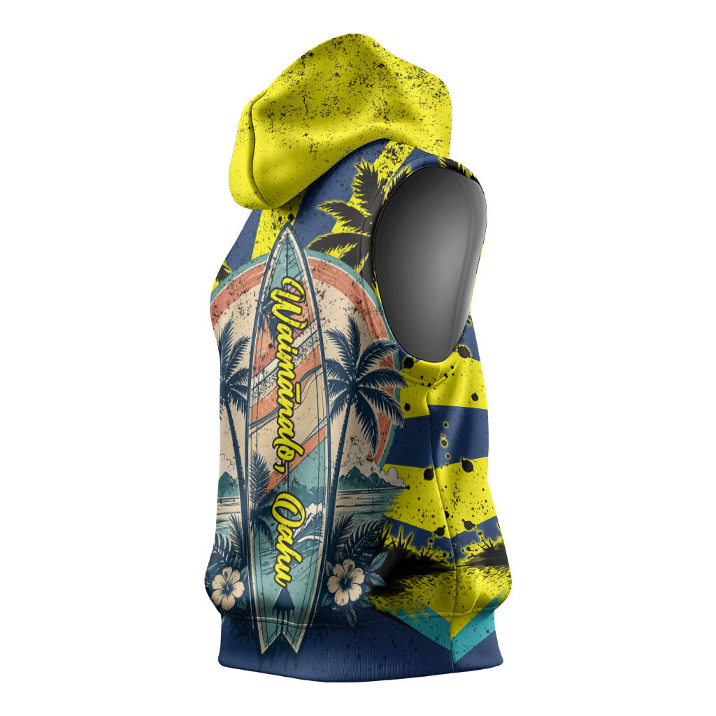 Waimanalo Oahu Hawaii Surfing Sleeveless Hoodie Tropical Beach Retro Sunburst Surfboard TS04 - Polynesian Pride