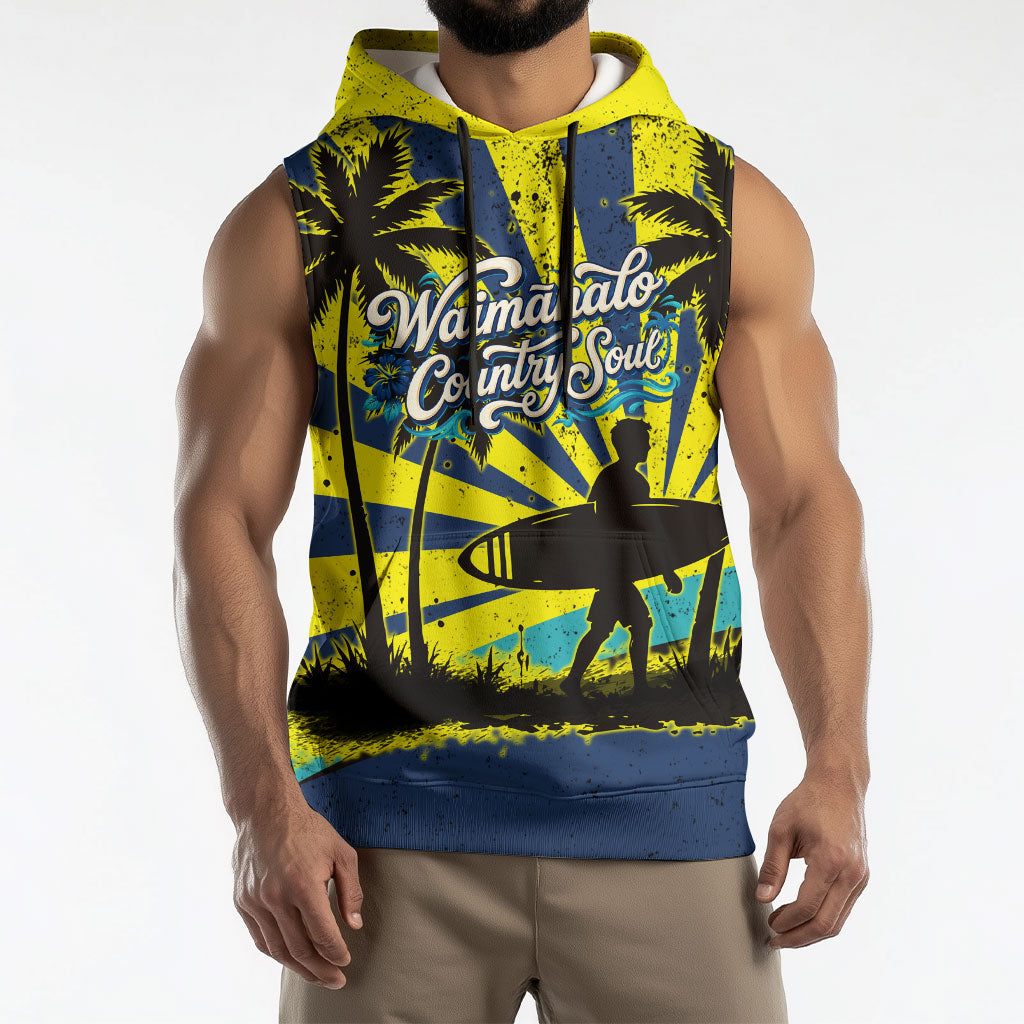 Waimanalo Oahu Hawaii Surfing Sleeveless Hoodie Tropical Beach Retro Sunburst Surfboard TS04 - Polynesian Pride