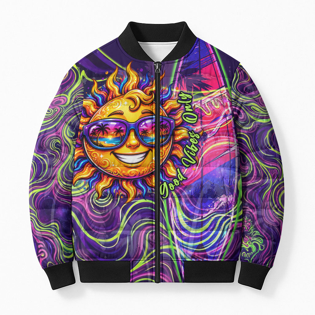 Waimanalo Hawaii Sun Rabbit Bomber Puffer Jacket Psychedelic Trippy Neon Swirl Graphic TS04 Unisex Purple Green - Polynesian Pride