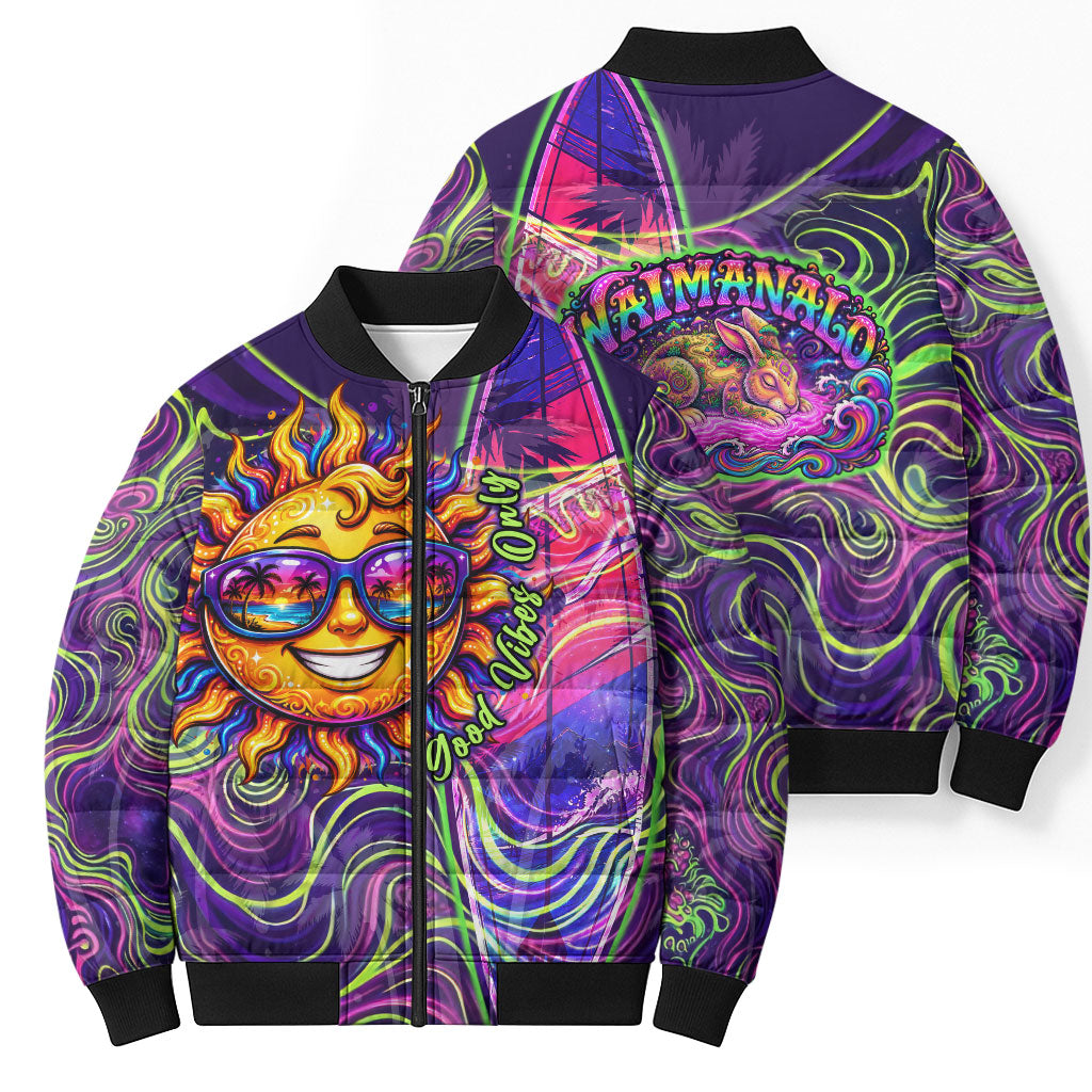 Waimanalo Hawaii Sun Rabbit Bomber Puffer Jacket Psychedelic Trippy Neon Swirl Graphic TS04 - Polynesian Pride