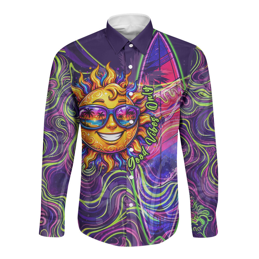 Waimanalo Hawaii Sun Rabbit Long Sleeve Button Shirt Psychedelic Trippy Neon Swirl Graphic TS04 Unisex Purple Green - Polynesian Pride