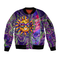 Waimanalo Hawaii Sun Rabbit Sleeve Zip Bomber Jacket Psychedelic Trippy Neon Swirl Graphic TS04 Unisex Purple Green - Polynesian Pride