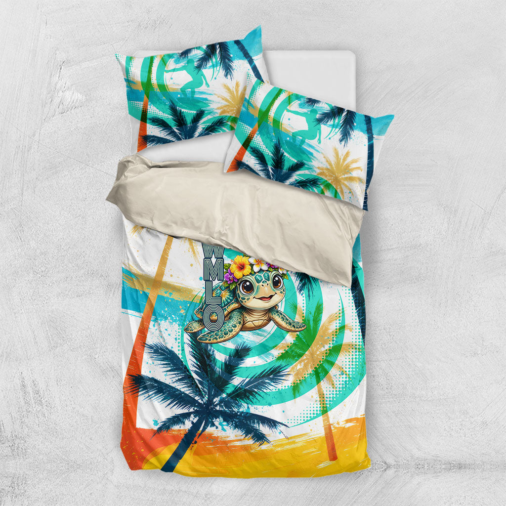 Hawaii Waimanalo Sea Turtle Bedding Set Cute Tropical Beach Aloha Spirit Cartoon TS04 US Twin 172cm x 218cm Green Blue - Polynesian Pride