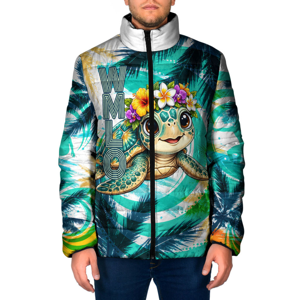 Hawaii Waimanalo Sea Turtle Padded Jacket Cute Tropical Beach Aloha Spirit Cartoon TS04 Men Green Blue - Polynesian Pride