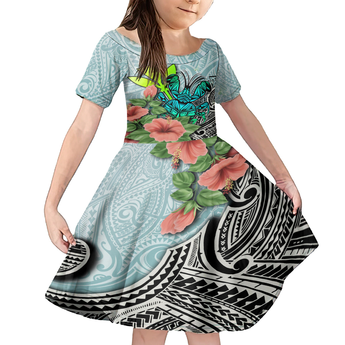Polynesian Hawaii Kid Short Sleeve Dress Kanaka with Crab Tribal tattoo TS04 KID Multicolor - Polynesian Pride