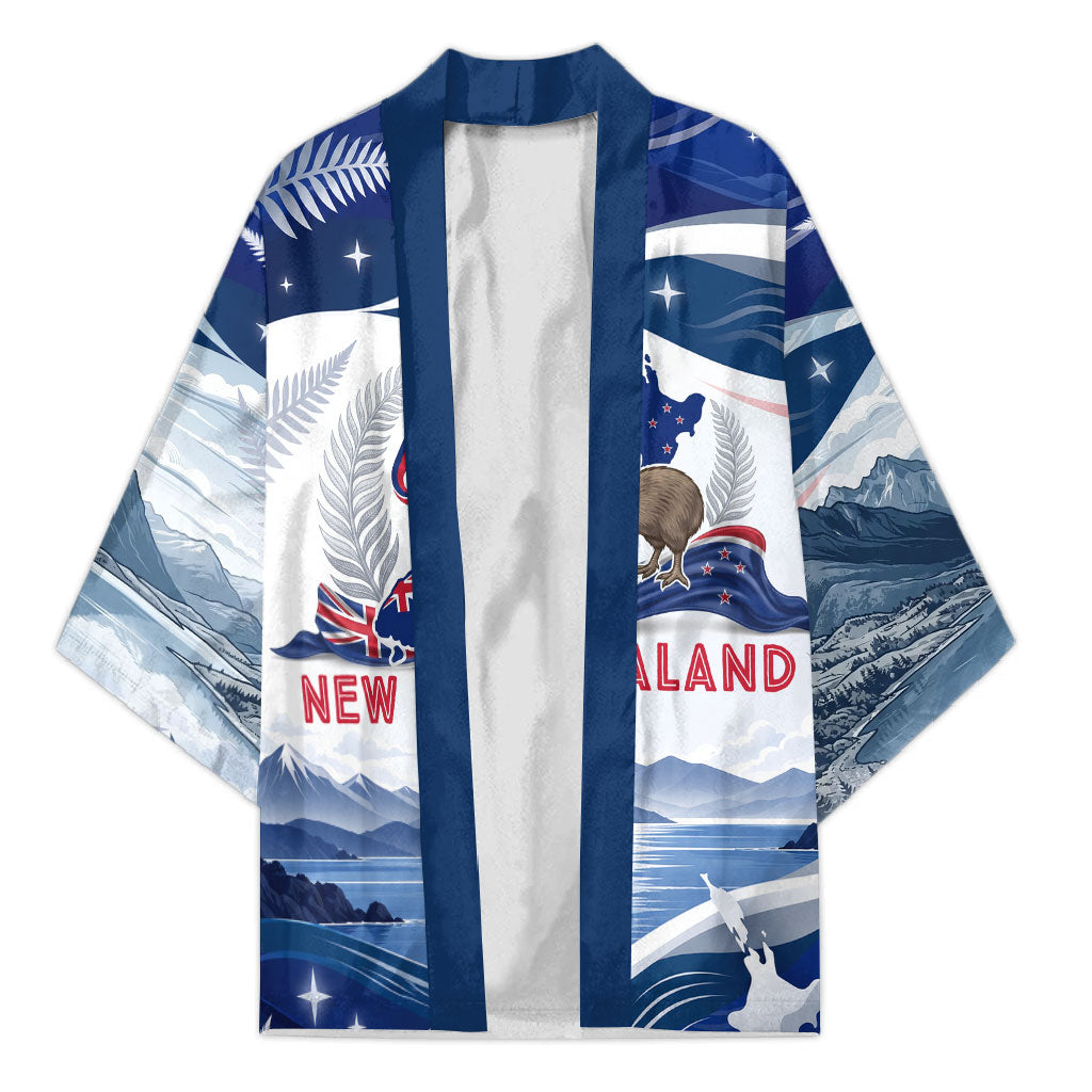 Personalized New Zealand 60th Birthday Kimono Silver Fern Kiwi Bird Coat Of Arms Flag Graphic Art TS04 Unisex Blue White - Polynesian Pride