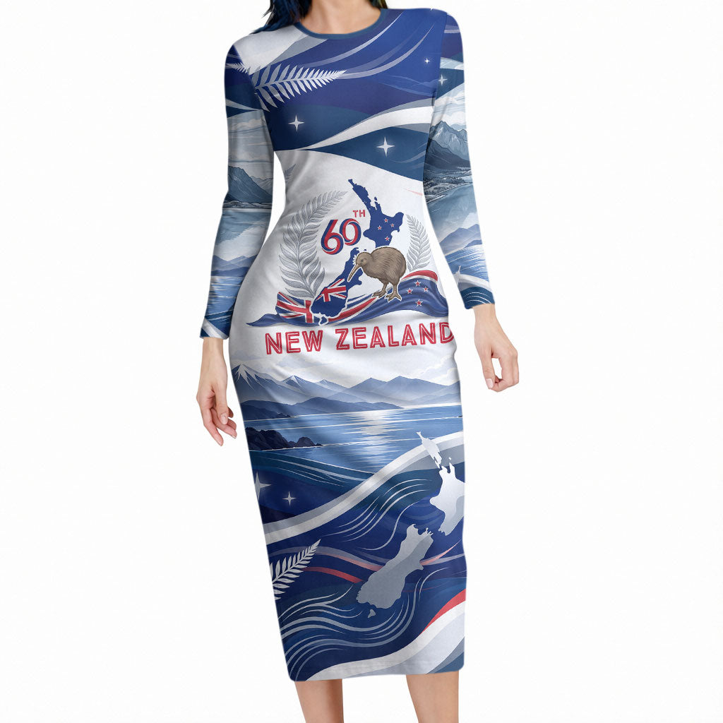 Personalized New Zealand 60th Birthday Long Sleeve Bodycon Dress Silver Fern Kiwi Bird Coat Of Arms Flag Graphic Art TS04 Long Dress Blue White - Polynesian Pride