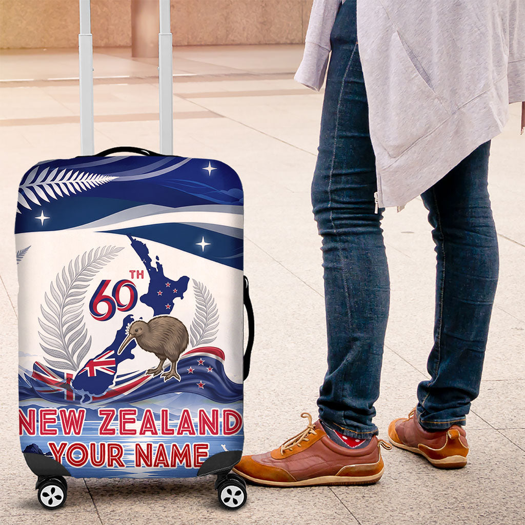 Personalized New Zealand 60th Birthday Luggage Cover Silver Fern Kiwi Bird Coat Of Arms Flag Graphic Art TS04 Blue White - Polynesian Pride