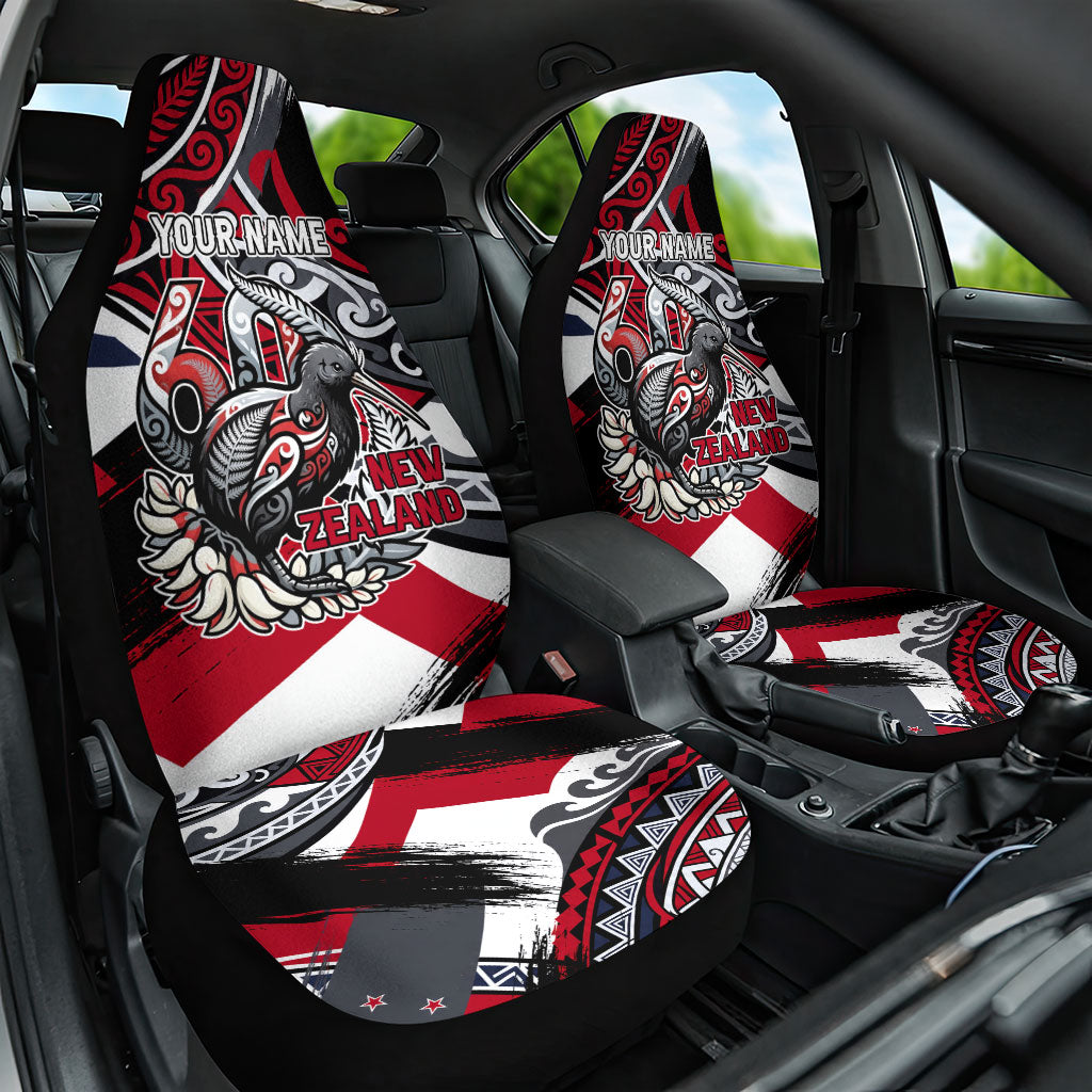 Personalized New Zealand 60th Birthday Car Seat Cover Maori Tribal Patterns Kiwi Bird Silver Fern Flag Graphic Art TS04 One Size Red Black - Polynesian Pride