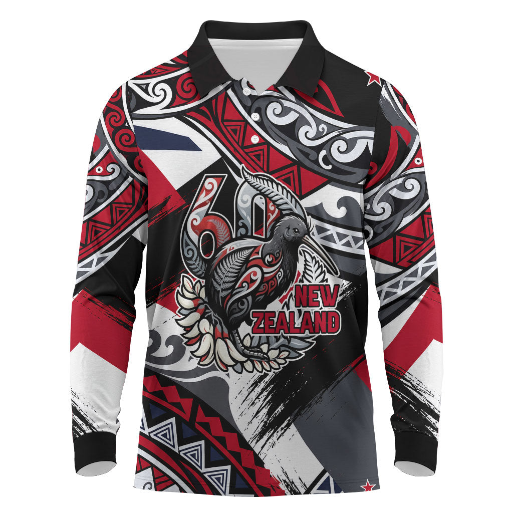 Personalized New Zealand 60th Birthday Long Sleeve Polo Shirt Maori Tribal Patterns Kiwi Bird Silver Fern Flag Graphic Art TS04 Red Black - Polynesian Pride