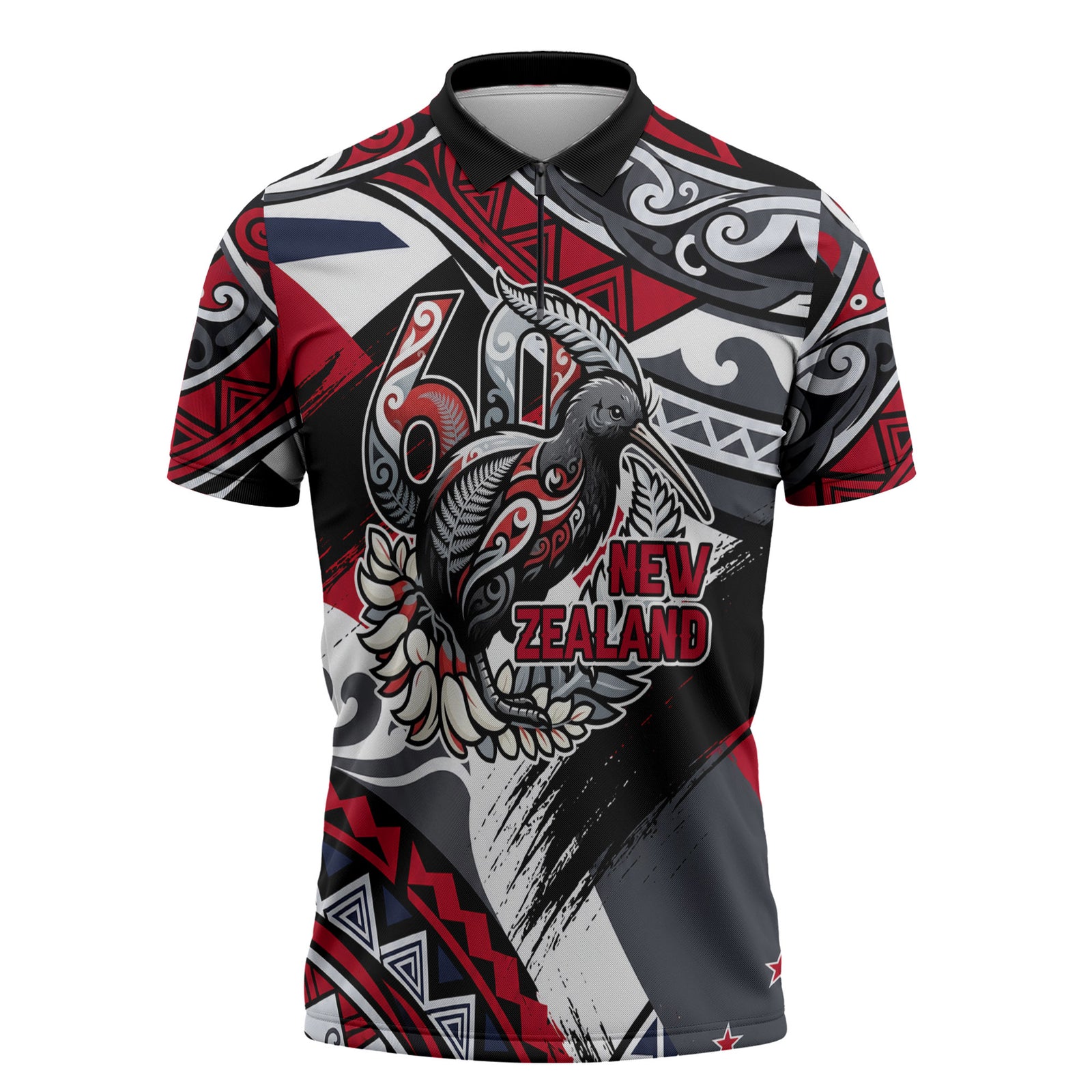 Personalized New Zealand 60th Birthday Zipper Polo Shirt Maori Tribal Patterns Kiwi Bird Silver Fern Flag Graphic Art TS04 Red Black - Polynesian Pride