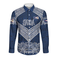 American Samoa Eagle Long Sleeve Button Shirt Sea Turtle Traditional Polynesian Tribal Tattoo TS04 Unisex Blue White - Polynesian Pride