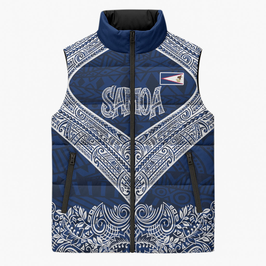 American Samoa Eagle Sleeveless Puffer Jacket Sea Turtle Traditional Polynesian Tribal Tattoo TS04 Unisex Blue White - Polynesian Pride