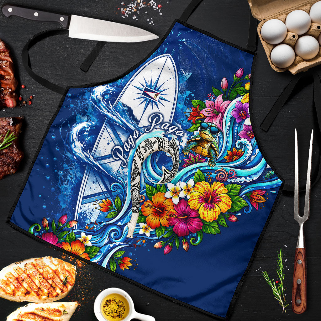 American Samoa Pago Pago Apron Sea Turtle And Fruit Bat - Tropical Hibiscus Flowers Polynesian TS04 Blue White - Polynesian Pride