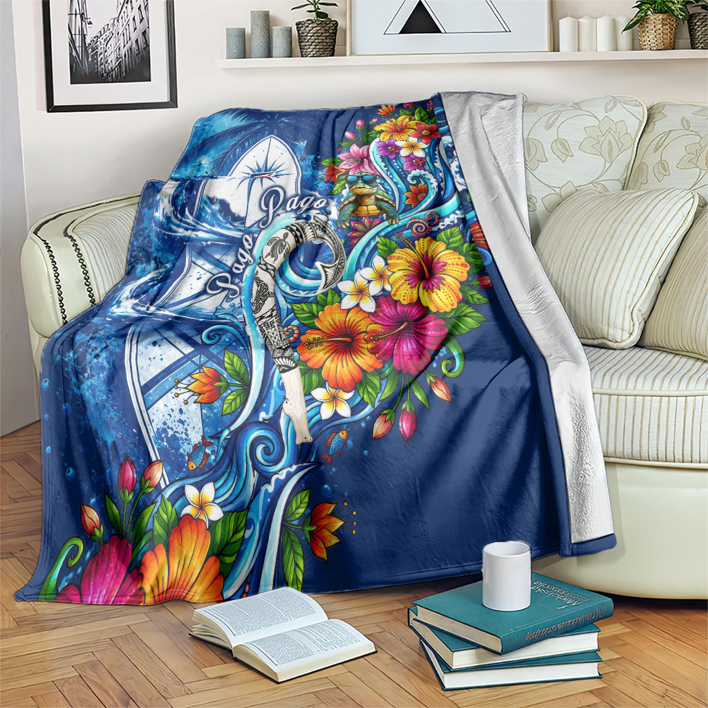 American Samoa Pago Pago Blanket Sea Turtle And Fruit Bat - Tropical Hibiscus Flowers Polynesian TS04 Blue White - Polynesian Pride