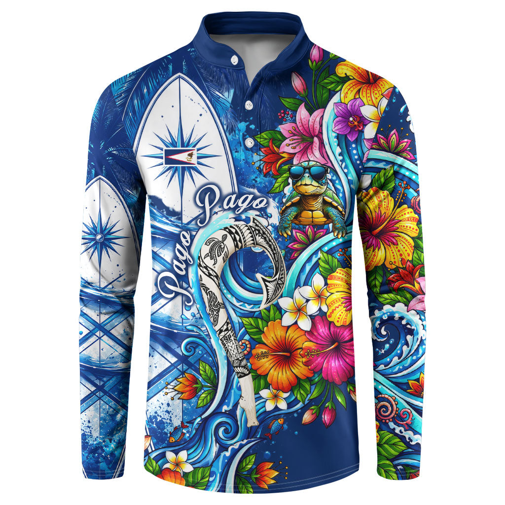 American Samoa Pago Pago Button Sweatshirt Sea Turtle And Fruit Bat - Tropical Hibiscus Flowers Polynesian TS04 Blue White - Polynesian Pride