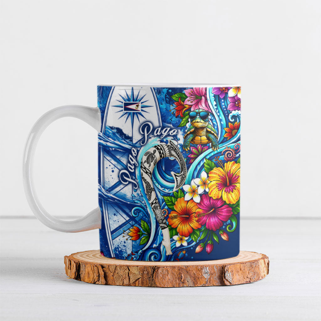 American Samoa Pago Pago Ceramic Mug Sea Turtle And Fruit Bat - Tropical Hibiscus Flowers Polynesian TS04 Blue White - Polynesian Pride