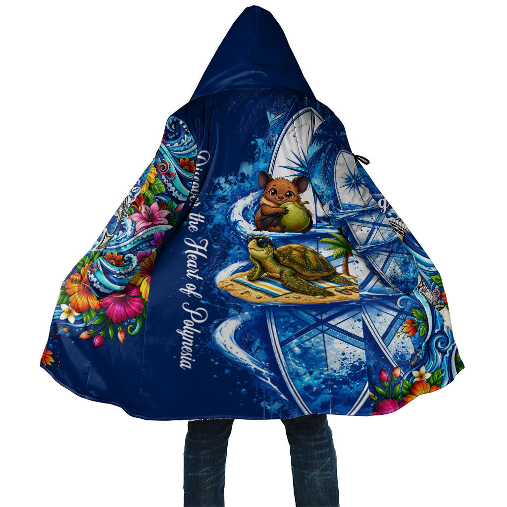American Samoa Pago Pago Cloak Sea Turtle And Fruit Bat - Tropical Hibiscus Flowers Polynesian TS04 Unisex Blue White - Polynesian Pride