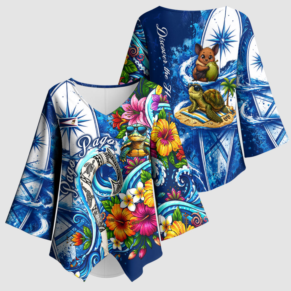 American Samoa Pago Pago Kimono Sleeve Blouse Sea Turtle And Fruit Bat - Tropical Hibiscus Flowers Polynesian TS04 - Polynesian Pride