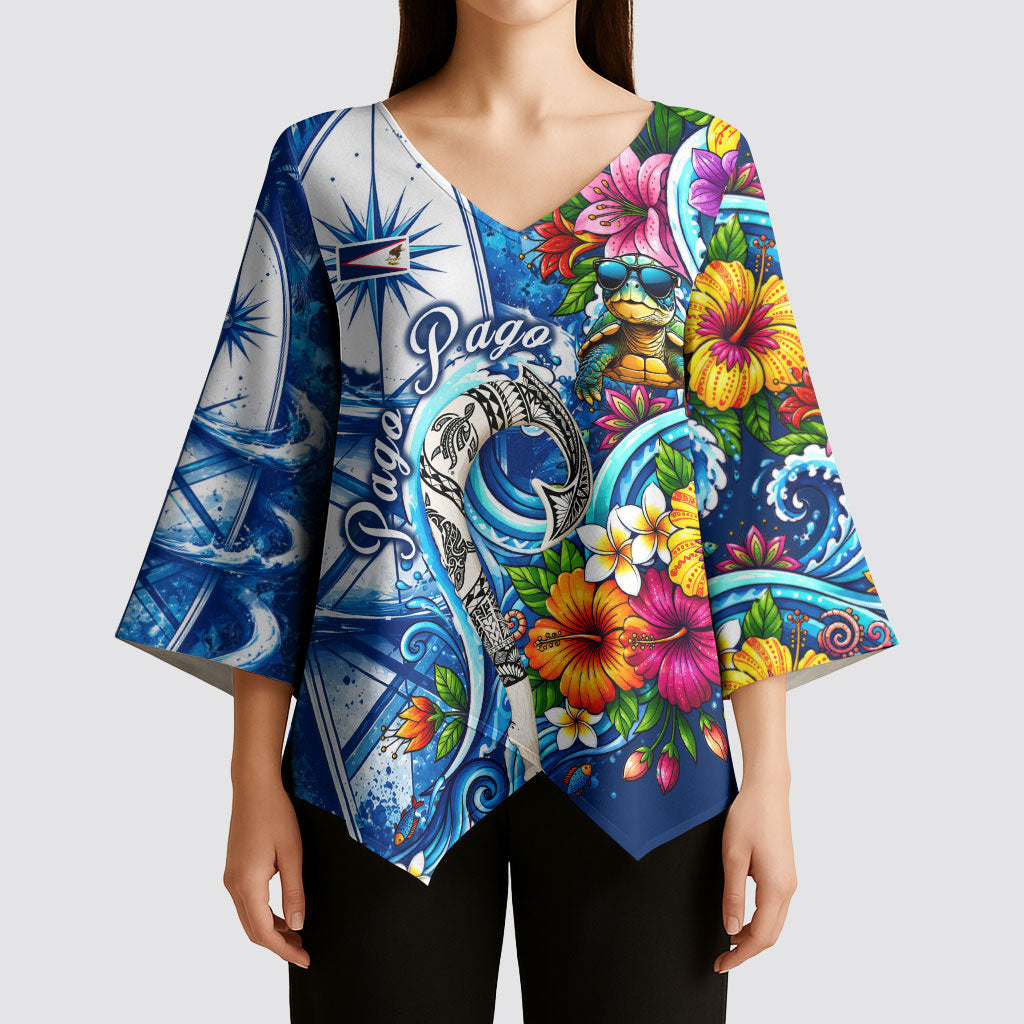 American Samoa Pago Pago Kimono Sleeve Blouse Sea Turtle And Fruit Bat - Tropical Hibiscus Flowers Polynesian TS04 - Polynesian Pride