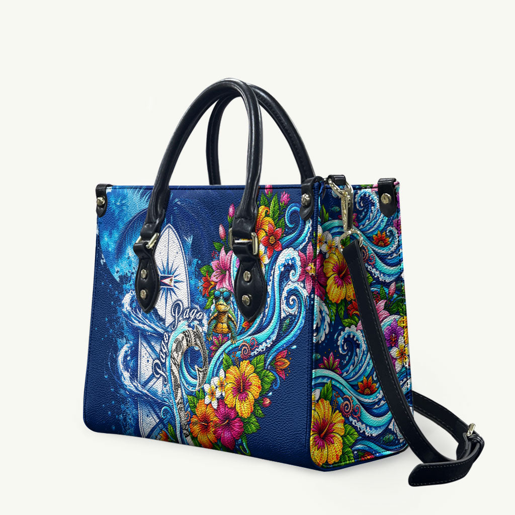 American Samoa Pago Pago Leather Bag Sea Turtle And Fruit Bat - Tropical Hibiscus Flowers Polynesian TS04 Blue White - Polynesian Pride