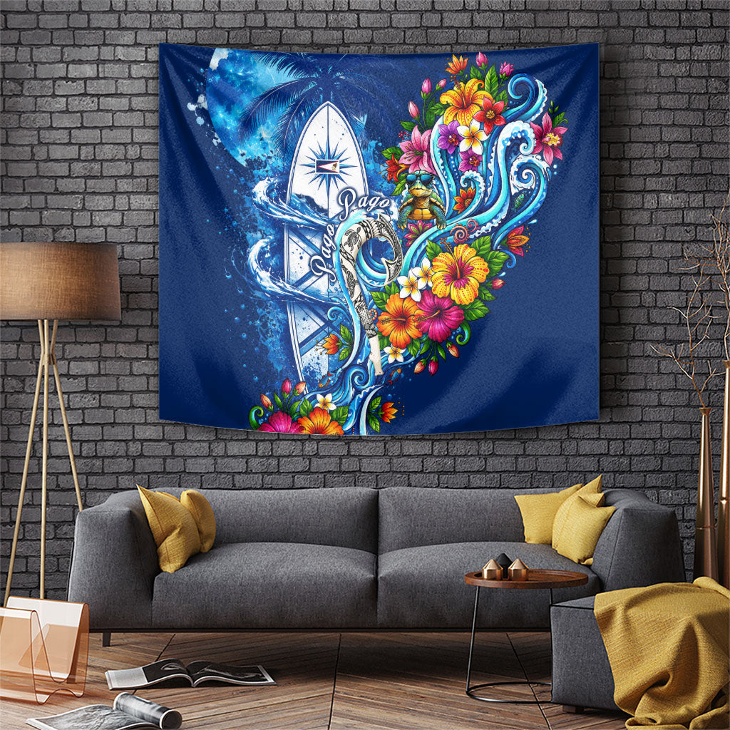 American Samoa Pago Pago Tapestry Sea Turtle And Fruit Bat - Tropical Hibiscus Flowers Polynesian TS04 Blue White - Polynesian Pride