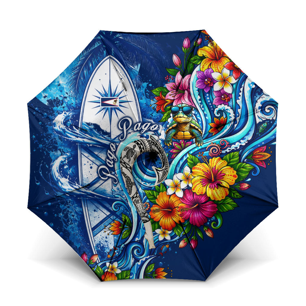 American Samoa Pago Pago Umbrella Sea Turtle And Fruit Bat - Tropical Hibiscus Flowers Polynesian TS04 One Size Folded 11.42 inch Opened Diameter 37.4 inch Blue White - Polynesian Pride