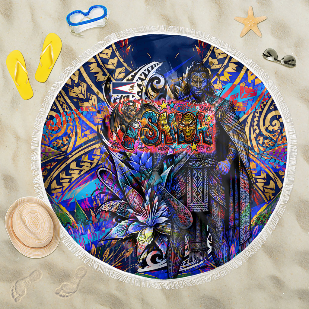 American Samoa Warrior Beach Blanket Polynesian Fruit Bat Talofa Urban Graffiti Street Art TS04 One Size 150cm Blue Yellow - Polynesian Pride