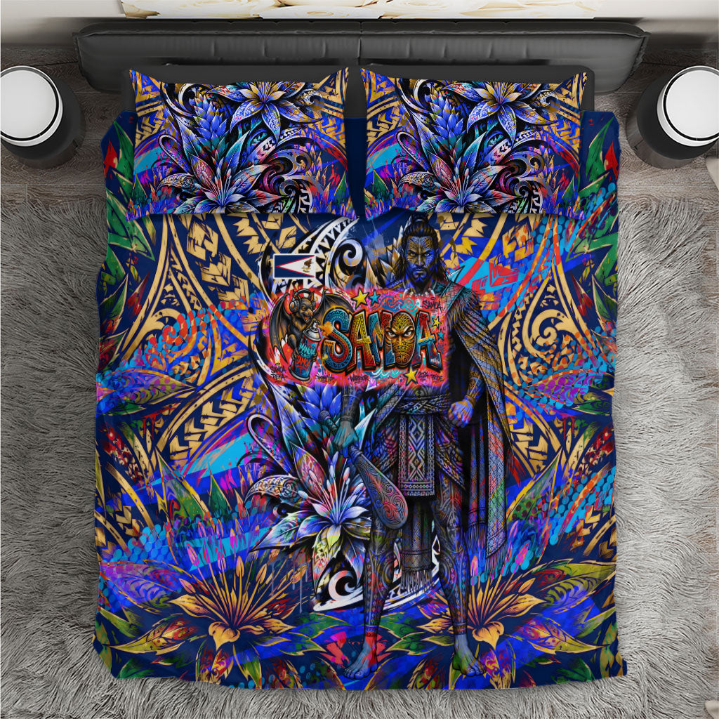 American Samoa Warrior Bedding Set Polynesian Fruit Bat Talofa Urban Graffiti Street Art TS04 Blue Yellow - Polynesian Pride