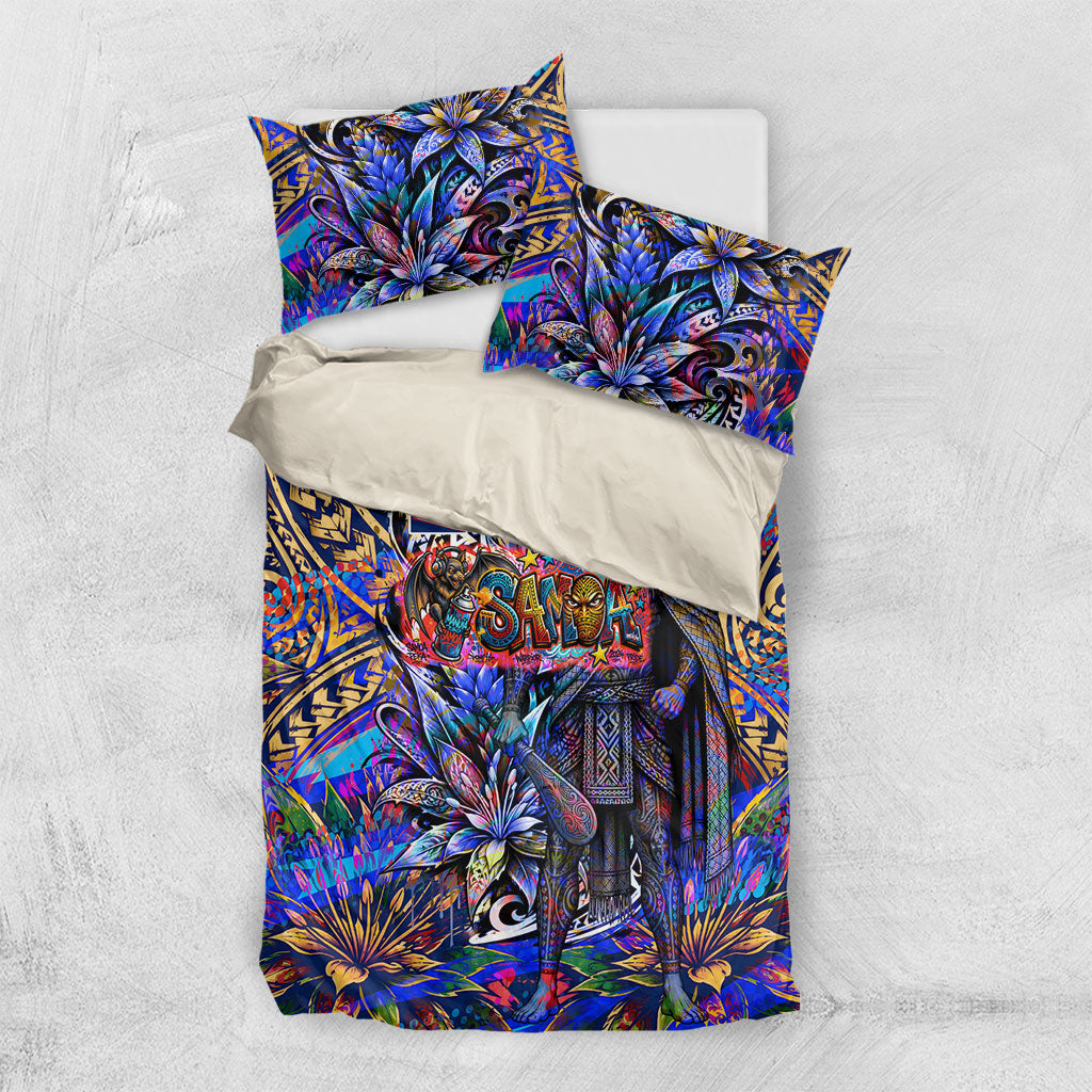 American Samoa Warrior Bedding Set Polynesian Fruit Bat Talofa Urban Graffiti Street Art TS04 US Twin 172cm x 218cm Blue Yellow - Polynesian Pride