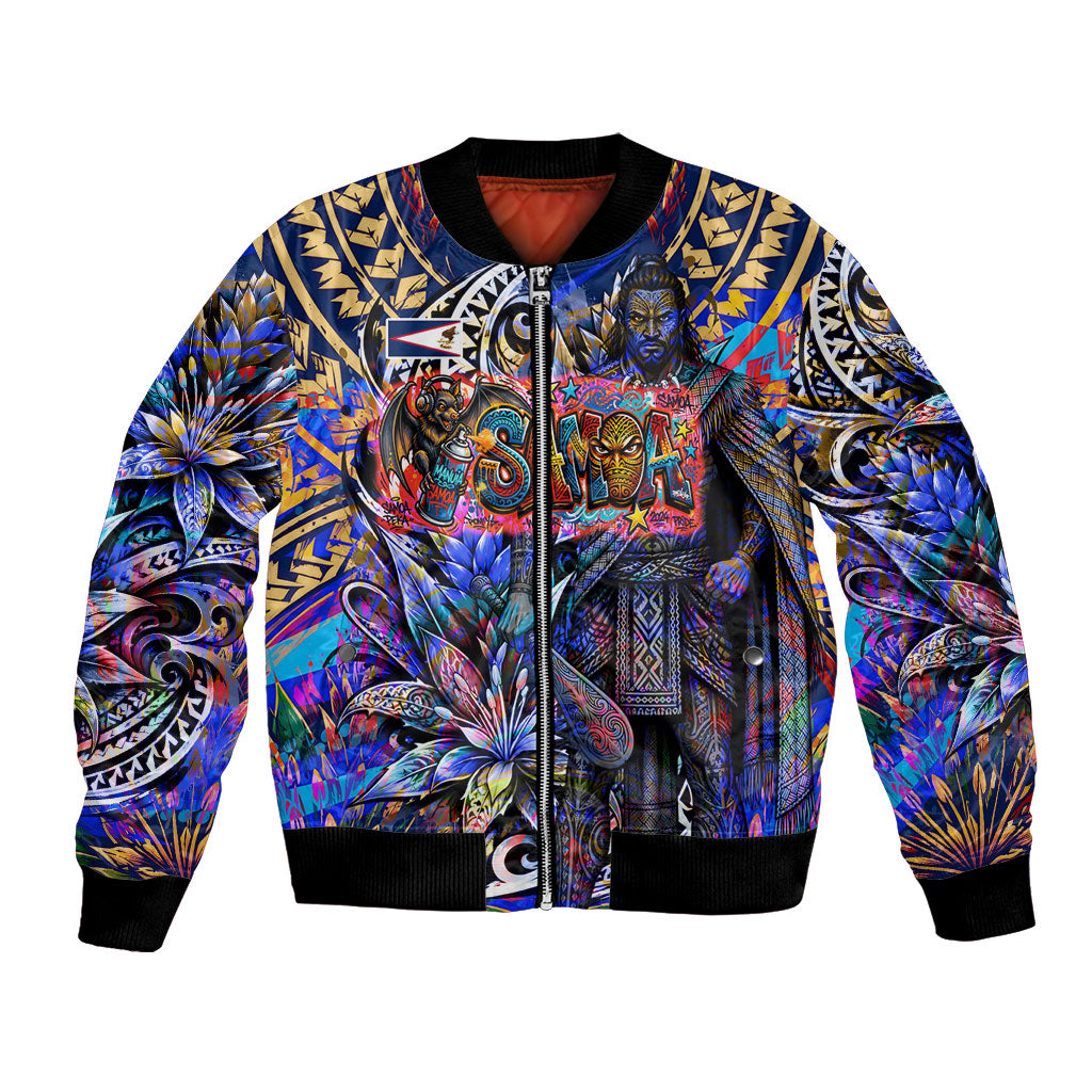 American Samoa Warrior Bomber Jacket Polynesian Fruit Bat Talofa Urban Graffiti Street Art TS04 Unisex Blue Yellow - Polynesian Pride