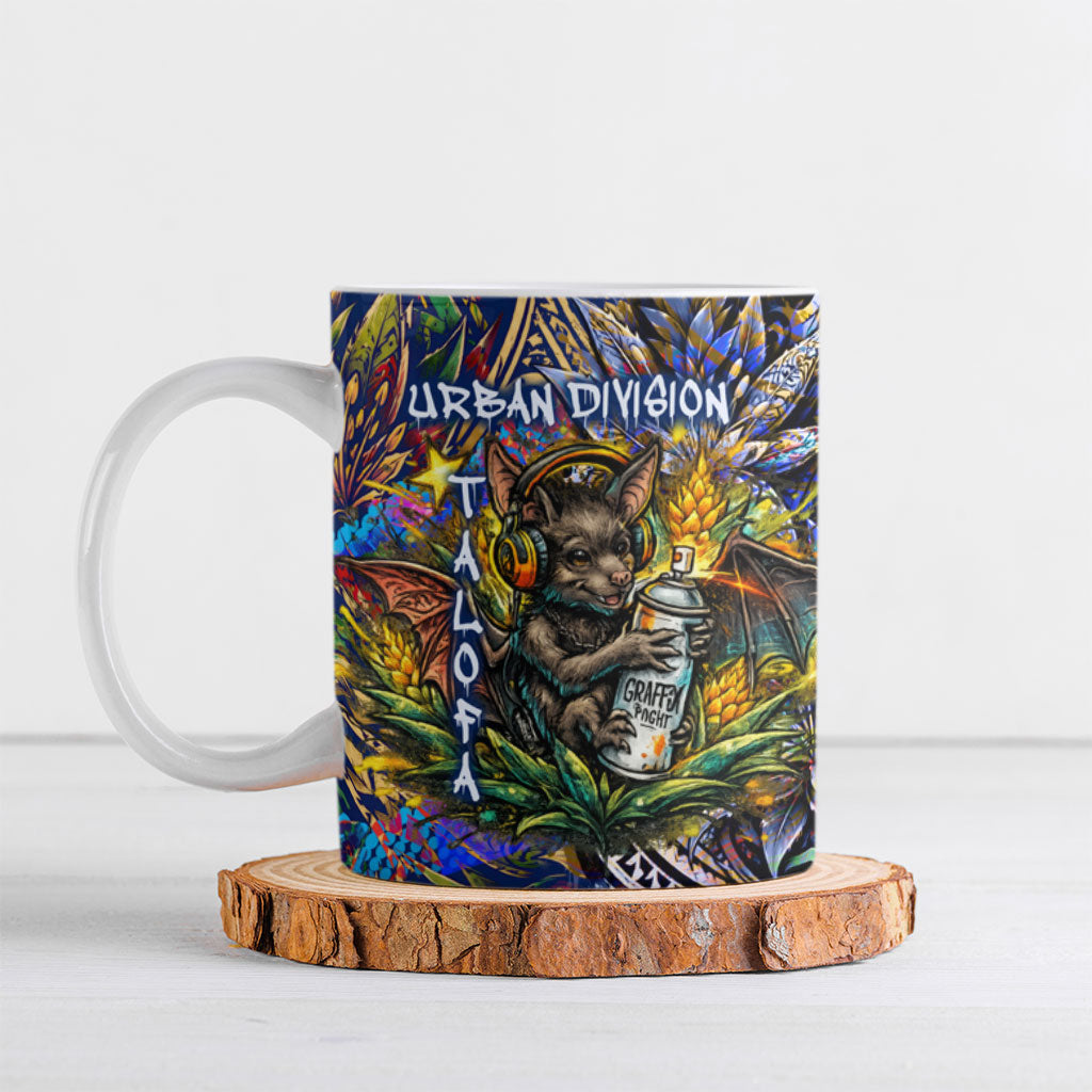 American Samoa Warrior Ceramic Mug Polynesian Fruit Bat Talofa Urban Graffiti Street Art TS04 Blue Yellow - Polynesian Pride