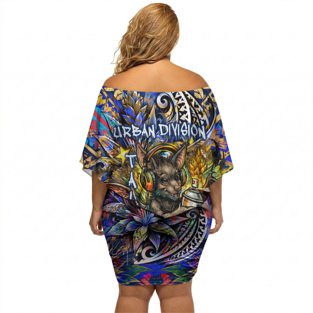 American Samoa Warrior Off Shoulder Short Dress Polynesian Fruit Bat Talofa Urban Graffiti Street Art TS04 - Polynesian Pride