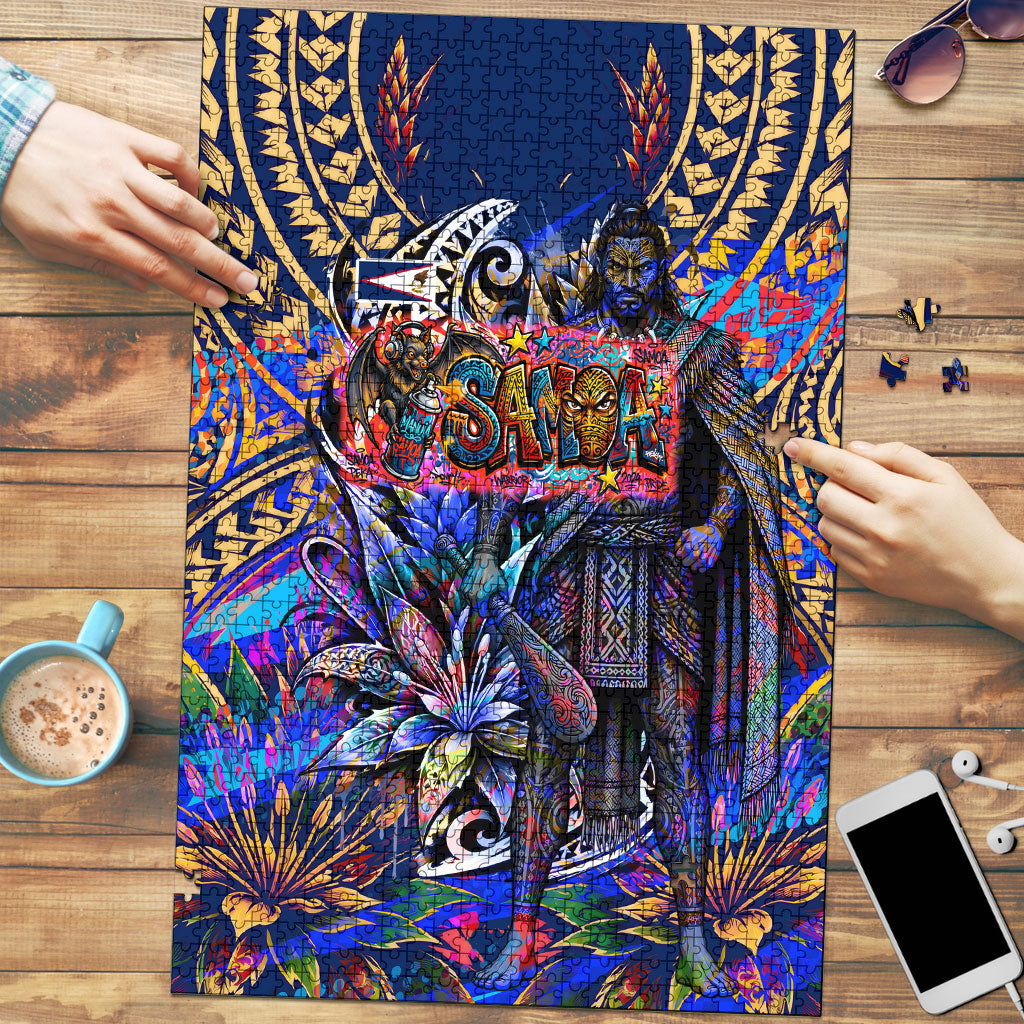 American Samoa Warrior Puzzle Polynesian Fruit Bat Talofa Urban Graffiti Street Art TS04 Blue Yellow - Polynesian Pride