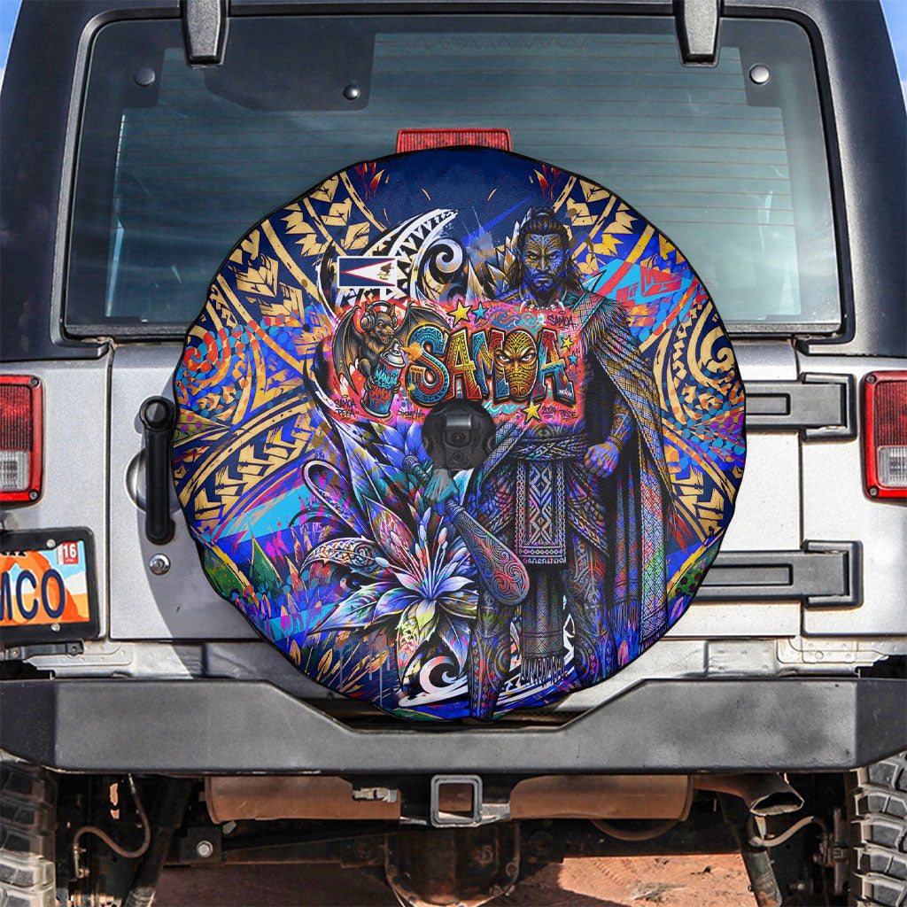 American Samoa Warrior Spare Tire Cover Polynesian Fruit Bat Talofa Urban Graffiti Street Art TS04 Blue Yellow - Polynesian Pride