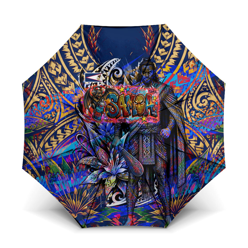 American Samoa Warrior Umbrella Polynesian Fruit Bat Talofa Urban Graffiti Street Art TS04 One Size Folded 11.42 inch Opened Diameter 37.4 inch Blue Yellow - Polynesian Pride