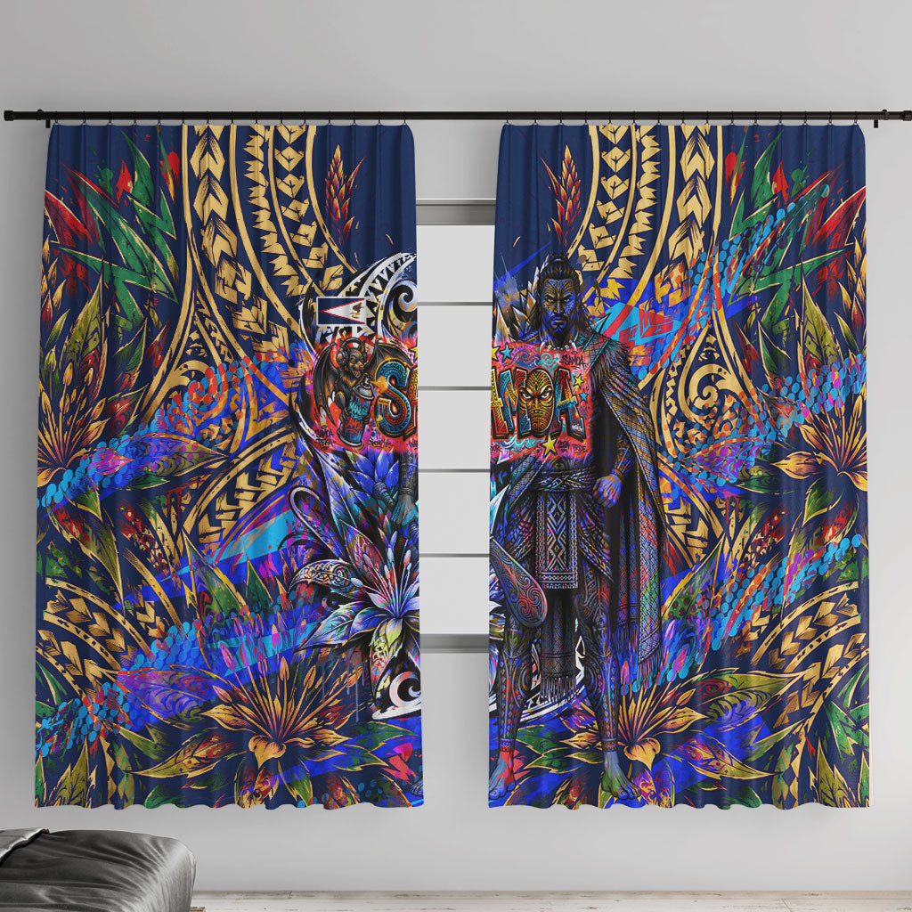 American Samoa Warrior Window Curtain Polynesian Fruit Bat Talofa Urban Graffiti Street Art TS04 With Hooks Blue Yellow - Polynesian Pride