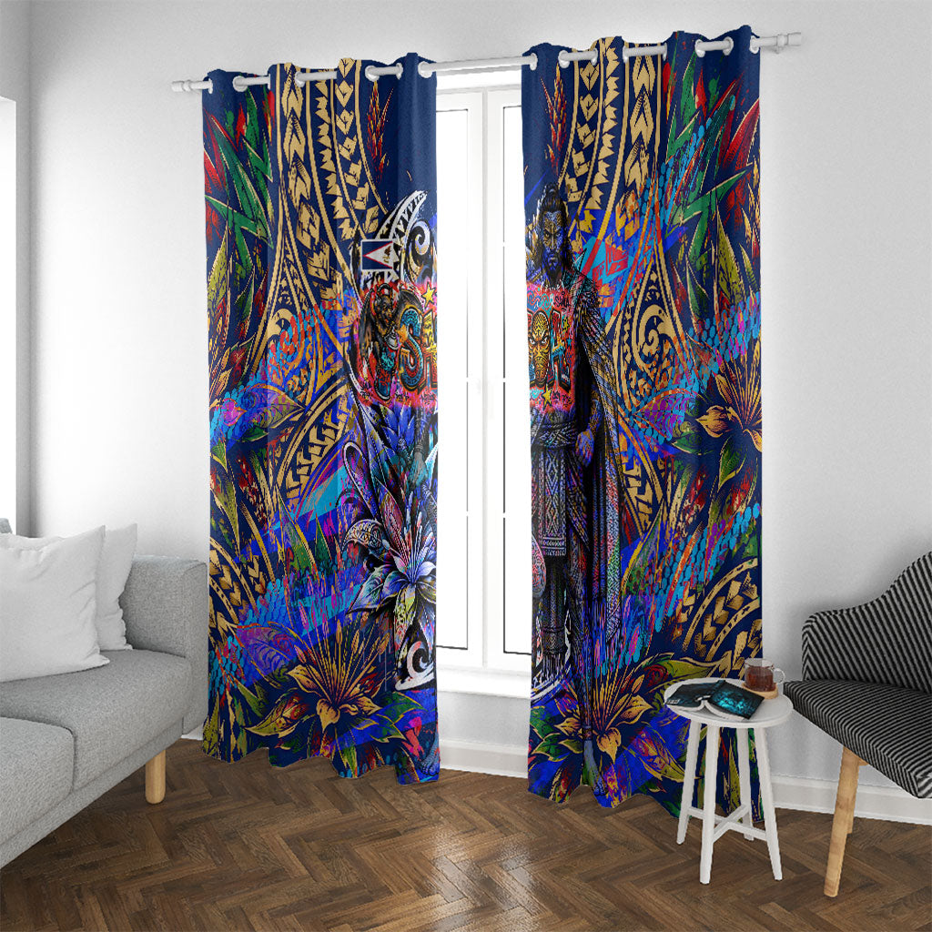 American Samoa Warrior Window Curtain Polynesian Fruit Bat Talofa Urban Graffiti Street Art TS04 With Grommets Blue Yellow - Polynesian Pride