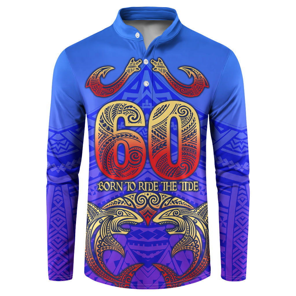 Personalized Polynesian 60th Birthday Button Sweatshirt Polynesian Tribal Art Vintage Ocean Pattern TS04 Blue Yellow - Polynesian Pride