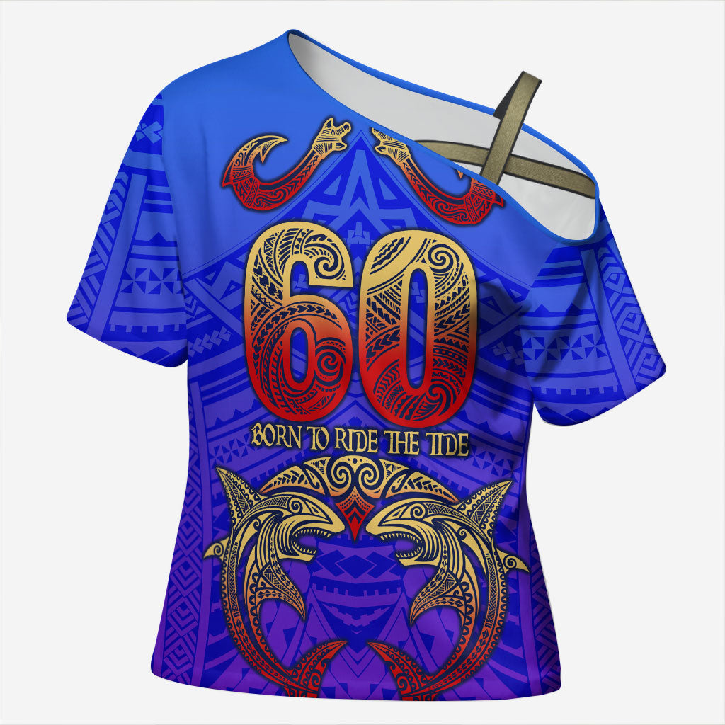Personalized Polynesian 60th Birthday Cross Shoulder Shirt Polynesian Tribal Art Vintage Ocean Pattern TS04 Female Blue Yellow - Polynesian Pride