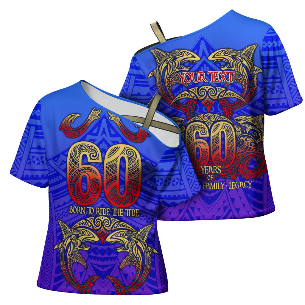 Personalized Polynesian 60th Birthday Cross Shoulder Shirt Polynesian Tribal Art Vintage Ocean Pattern TS04 - Polynesian Pride