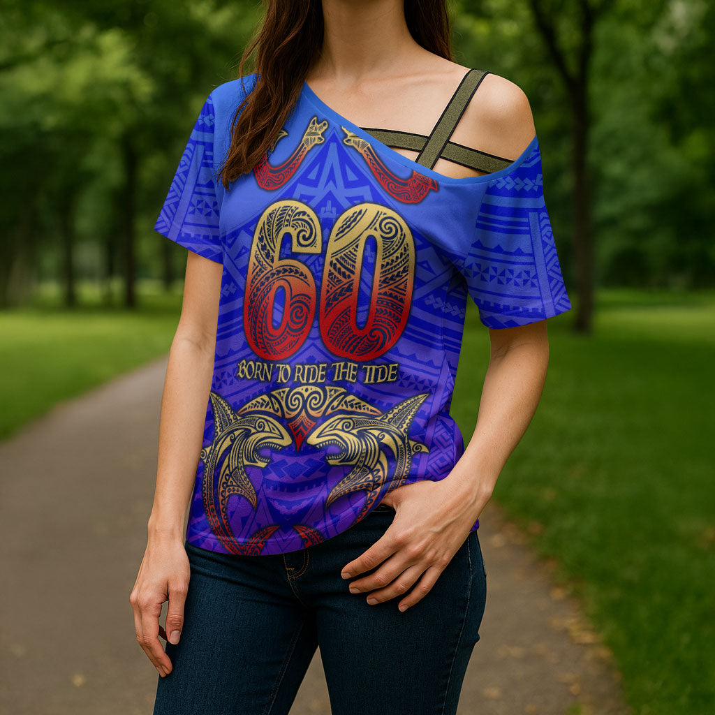 Personalized Polynesian 60th Birthday Cross Shoulder Shirt Polynesian Tribal Art Vintage Ocean Pattern TS04 - Polynesian Pride