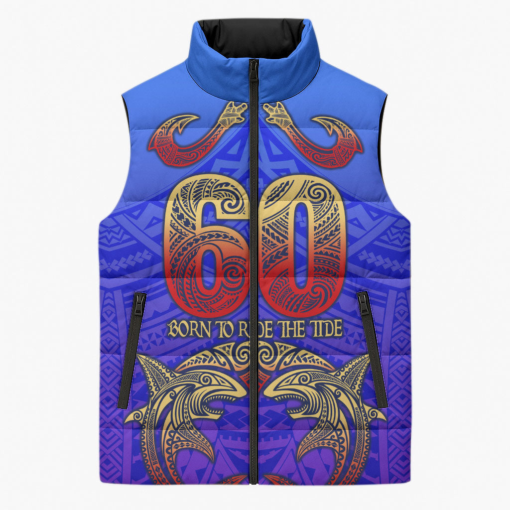 Personalized Polynesian 60th Birthday Sleeveless Puffer Jacket Polynesian Tribal Art Vintage Ocean Pattern