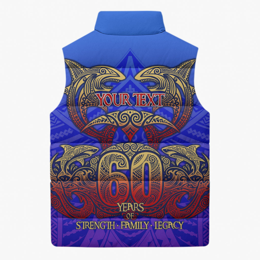 Personalized Polynesian 60th Birthday Sleeveless Puffer Jacket Polynesian Tribal Art Vintage Ocean Pattern