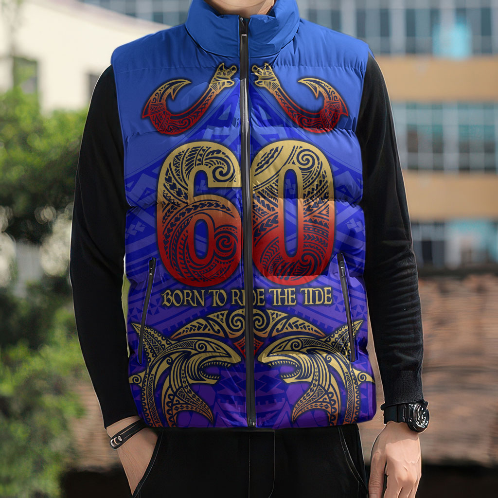 Personalized Polynesian 60th Birthday Sleeveless Puffer Jacket Polynesian Tribal Art Vintage Ocean Pattern