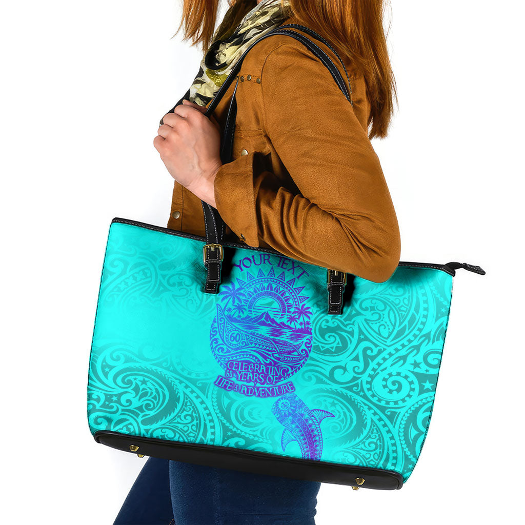 Personalized Polynesian 60th Birthday Island Life Since 1966 Leather Tote Bag Vibrant Tribal Tattoo Ocean Sunset Pattern TS04 Blue Purple - Polynesian Pride